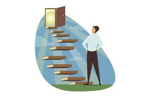 Motivation, business, success, goal achievement concept. Young happy smiling buinessman clerk manager looking at stairs books and opened door in new successful life. Power of knowledge illustration. vector