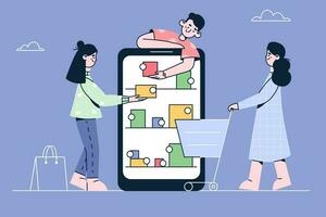 Online shopping and orders in internet concept. Young people man and women customers choosing items and adding to cart online during shopping on smartphone screen vector illustration