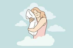 Joyful woman is sleeping and hugging pillow being among clouds symbolizing calmness and night dreams. Positive girl is sleeping and gaining strength before new working day with difficult tasks vector