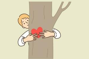 Teen boy hugging tree is sign of love for ecology and concern for environment in need of limiting deforestation. Boy environmental organization volunteer draws attention to problem of CO2 emissions vector