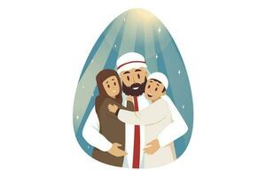 amar, paternidad, familia concepto. joven árabe hombre musulmán dibujos animados personaje abrazando abrazando niños niños chico y niña posando juntos. padres día ilustración vector