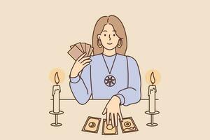 misterioso mujer con tarot tarjetas en formar de gitano bruja se sienta a mesa y predice futuro siendo fortuna cajero o clarividente. niña adivino con tarot tarjetas conduce esotérico sesión vector