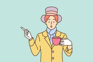 Mysterious man dressed as hatter from story Alice in Wonderland drinks tea and points finger to side. Mad hatter style guy is ready to go to theme party or carnival dedicated to children fairy tale vector