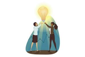 Success, goal achievement, winning, teamwork, business concept. Team of young african american businesswomen clerks managers characters holding light bulb. Successful trouble solution idea creation. vector