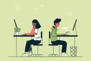 Office work, business, teamwork concept. Man and woman sitting and working at office desks with desktop computers together vector illustration