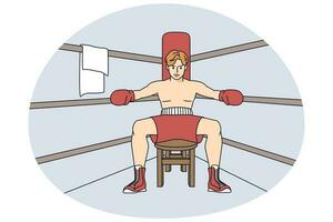 Man fighter sit on ring getting ready for match or competition. Male boxer preparing for final round. Sport and martial arts concept. Vector illustration.