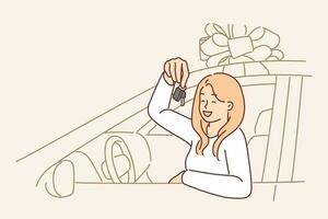 Woman driver with key to donated car sits behind wheel and brags about buying or getting loan on favorable terms. Girl in gift car with giant bow rejoices at successful purchase in dealership vector