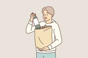 Man with bottle of wine in paper bag returns from grocery store and offers to drink bordeaux. Positive young guy bought wine rejoices at opportunity to try delicious alcoholic drink vector