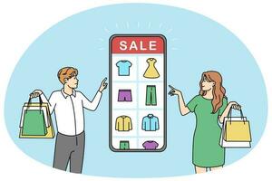 Man and woman shopping online on smartphone on sale. People buy order on internet using mobile phone application. Special offer concept. Vector illustration.