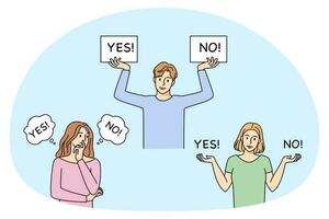 Confused people with yes and no signs making decision. Frustrated male and female characters have dilemma, deciding to approve or reject. Vector illustration.