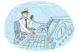 Boat captain in uniform talk on radio set. Man in ship or ferry cabin command with marine center. Vector illustration.