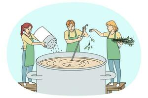 Tiny people cooking huge pan of soup together. Chefs preparing food, adding herbs and spices. Cuisine and culinary concept. Vector illustration.