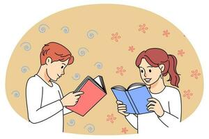 sonriente pequeño niños leyendo libro. contento niños disfrutar literatura, involucrado en cuentos de hadas o novelas conocimiento y inteligencia. vector ilustración.