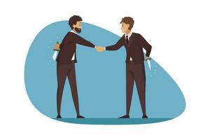 Betrayal, business, deal, greeting, competition concept. Lie deception and corporate dishonesty illustration. Businessmen leaders entrepreneurs making agreement holding concealing knives behind backs. vector