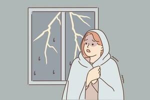 Woman was frightened by lightning and storm outside window wrapped herself in blanket because of fear of thunderstorm. GIrl suffers from phobia caused by bad weather and night hurricane vector