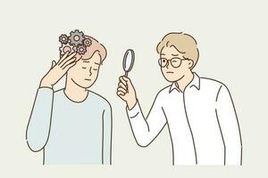 Man with mess in head stands near psychologist using magnifying glass analyzing patient problem. Struggling with psychological illnesses and seeking psychotherapist to solve mental problems vector