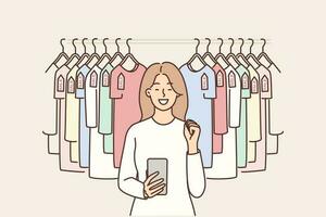 Woman with phone near hanger with T-shirts rejoices in sale and opportunity to buy clothes at discounts. Girl uses smartphone for bargain shopping through online application with discounts vector