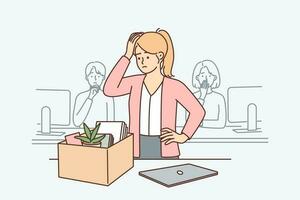 Upset woman standing near table with box after dismissal of manager or secretary position. Sad girl is preparing to leave workplace due to dismissal related to financial crisis or closure of company vector