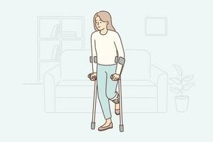 Disabled woman getting around with crutches injuring knee during car accident or fall. Girl with crutches undergoes rehabilitation after leg fracture that causes difficulties for movement vector
