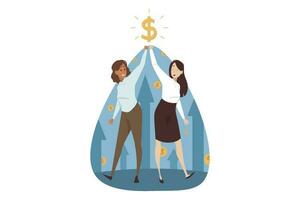 Success, teamwork, goal achievement, business concept. Team of young happy smiling businesswomen clerks managers holding dollar sign above together. Successful investment and money profit illustration vector