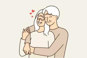 Elderly couple in love from gray-haired man and woman hugging and remembering youth or first date. Tender elderly couple flirting and enjoying relationship and long happy marriage vector