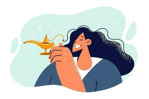 Woman holds aladdin lamp and wants to make wish or summon magical genie from fairy tales to fulfill cherished dreams. Smiling girl with golden jug of aladin symbolizing faith in miracles vector