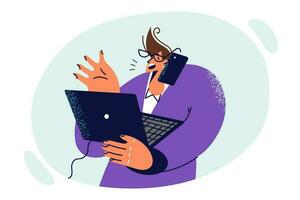 Busy man is talking on phone with client and holding laptop working as sales manager in large corporation. Manager guy is overworked due to lack of qualified staff and needs assistant vector