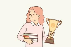 Chica de escuela con trofeo taza y libros en manos se regocija en victoria en olimpíada para excepcional elemental colegio estudiantes. pequeño niña con oro campeón taza para más inteligente niños desde gimnasio vector