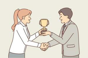 Boss presents cup to subordinate in recognition of achievement and shakes hands to motivate. Businesswoman receiving golden cup from partner after achieving high business performance vector