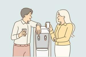 Conversation of employees near office cooler and exchange of views between colleagues during break. Man and woman drink water from cooler and talk gossip about management of corporation vector