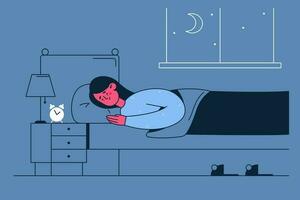 Sleep disorder, insomnia concept. Young tired sad sleepless woman lying in bed with smartphone and suffering from insomnia trying to fall asleep at night vector illustration