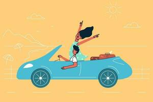 Travel, trip, vacations concept. Young happy couple cartoon characters sitting in car and driving along seaside in summer during traveling journey vector illustration