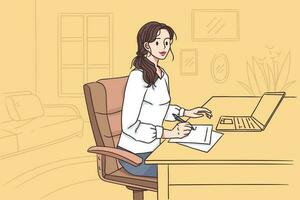 mujer trabajando en oficina concepto. joven bonito morena mujer dibujos animados personaje sentado a escritorio cerca ordenador portátil y trabajando con documentos en oficina vector ilustración