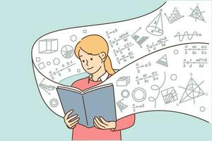 Girl student with book on algebra studies exact mathematical sciences, wanting to prove complex theorem. Schoolgirl preparing for exam in higher mathematics standing with textbook with formulas vector