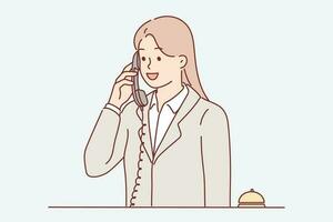 Receptionist woman talking on phone answering customer call with request to send maid or waiter. Receptionist girl works in hotel helping guests feel comfortable and makes career in field of HoReCa vector