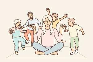 Attention-deficit children jump around meditating mother because of hyperactivity disorder and desire to play. Woman meditating doing yoga and resting due to child-rearing fatigue. vector