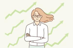 Successful businesswoman stands with arms crossed near arrow-graphs pointing up. Successful woman manager is proud of business achievements and increasing company profits due to ambitious lifestyle vector