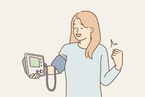 Woman with blood pressure monitor rejoices to see normalization of pulse and getting rid of heart disease. Girl patient having fun recovering from blood pressure thanks to help doctors or medication vector