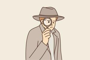 Man detective use magnifying glass to investigate crime scene or looking for necessary information. Guy detective in hat and long coat similar to sherlock holmes looks through loupe at screen vector