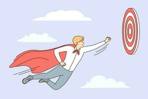 Young purposeful man in superhero cape flies in sky towards target, wanting to reach goal faster. Ambitious businessman striving for success and career growth or increasing company profits vector