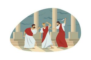 Rome, history, conspiracy, assassination concept. Ancient Roman historical event illustration. Group of murderers assassins senators conspirators traitors kill emperor Gaius Julius Caesar with knives. vector