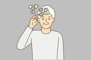 Elderly man with puzzles near head, symbolizing dementia, suffers from memory problems or alzheimer disease. Old man needs help of doctor or drugs to treat dementia caused by advanced age. vector