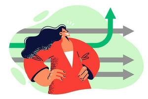 Successful woman stands near arrows symbolizing business analytics and increasing income. Successful female marketer is proud of professional achievements and growth of clients in corporation vector