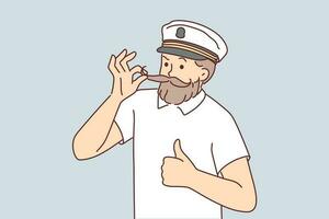 Man cruise ship captain fixes mustache and gives thumbs up suggestion to go on joint trip. Mature yacht owner stands in white t-shirt and captain hat before embarking on adventure around world vector