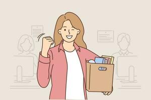 Woman celebrates dismissal by standing in office with cardboard box filled with personal items. Dismissed girl smiles makes victory gesture, rejoicing at dismissal and opportunity to change profession vector