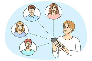 Young man communicate with people on cellphone online. Smiling guy text or chat on smartphone with friends. Web communication concept. Vector illustration.