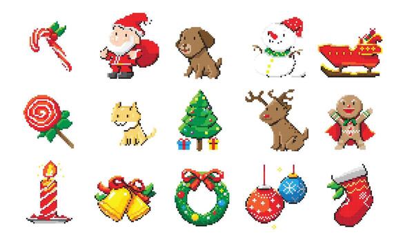 Set of christmas vector pixel art style, 8 bit collection vector on white background