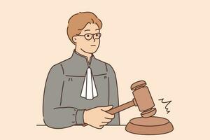 Man judge hitting with wooden gavel sign of final decision and pronouncement of sentence for criminal or violator. Young judge in robe decides on legal dispute between people or companies vector