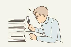 Man auditor looking for errors in financial statements by looking through pile of documents using magnifying glass. Auditor guy is engaged in paperwork and is surprised by number of tax documents vector