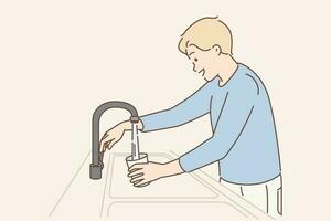 Man draws water into glass from faucet with built-in purifying filter to quench thirst during hot weather. Concept of quality water in pipeline thanks to personal well or filter equipment vector